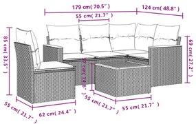 6 pcs conjunto sofás de jardim com almofadões vime cinzento