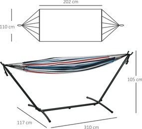 Cama Rede descanso jardim com Suporte 310x117 cm com Bolsa de Transporte Altura Ajustável Capacidade 120 kg para Campismo Azul e Branco