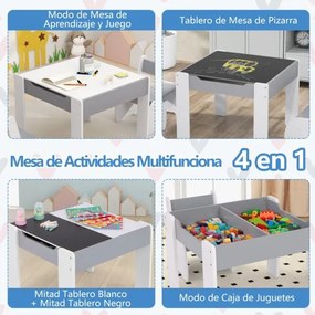 Conjunto de mesa e 2 cadeiras para crianças Mesa de atividades em madeira 4 em 1 para arte, desenho, leitura e quadro removível Cinzento e branco