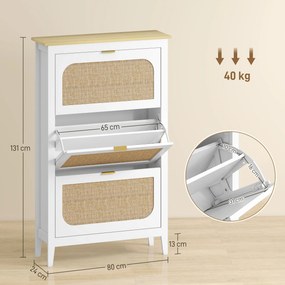 Sapateira com capacidade para 21 pares 80 x 24 x 131 cm, estilo boémio, com 3 gavetas rebatíveis, portas com efeito de vime, branco