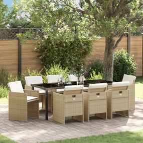 vidaXL Conjunto de Jantar de Jardim de 9 Peças com Almofadas Bege Rattan Poliéster