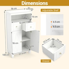 Armário de casa de banho 56 x 30 x 108 cm com portas, Prateleiras e Gavetas branco