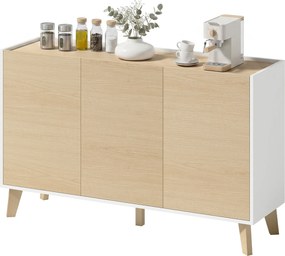 Armário de cozinha 120 L x 35 P x 73,5 A cm, móvel de arrumação de estilo nórdico, 3 portas com fecho suave, 6 compartimentos, cor madeira natural e b
