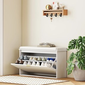 Banco Sapateira Móvel Sapateira Estreito com Assento Estofado Caixa Rebatível e Painel de Ripas 80x26x47,5 cm Branco