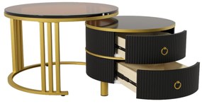 Mesa de Café Redonda 2-em-1 em MDF com tampo brilhante e tampo em vidro temperado marrom, combinação de mesa de centro para sala de estar com 2 gavetas, Preto