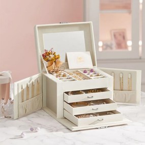 Caixa para joias de 4 níveis 17,5 x 22,5 x 16,5 cm com pega e espelho Branco creme
