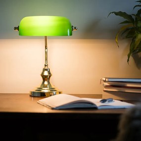 Candeeiro de mesa clássico/candeeiro de notário em latão com vidro verde - Banker