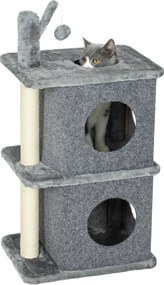 Arranhador para gatos de 3 níveis em forma de torre, com 2 compartimentos abertos e uma superfície de descanso confortável, bola 43 x 33 x 80 cm cinze