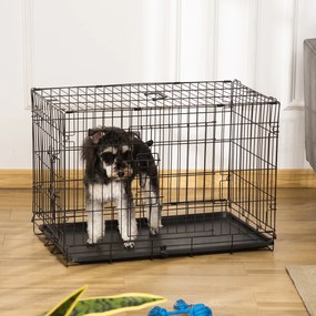 PawHut Gaiola para Cães com 2 Portas Gaiola para Animais de Estimação de Arame Dobrável com Alça de Transporte Aço 76x46x52cm Preto