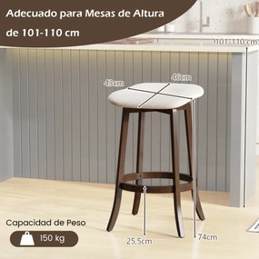 Conjunto de 2 bancos giratórios de bar sem encosto com assentos estofados e apoio para os pés para sala de jantar 46 x 43 x 74 cm Castanho