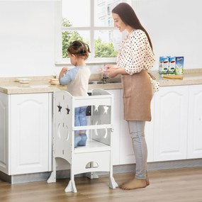 HOMCOM Torre de Aprendizagem para Crianças 3-6 anos de Madeira Torre de Aprendizagem Infantil Dobrável com Ardósia e Barra de Segurança para Casa de Banho Cozinha 56,5x56,5x94cm Branco
