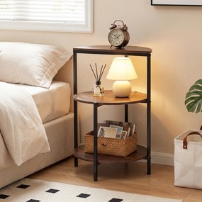 Mesa apoio redonda com 3 estantes 43 x 43 x 63 cm, Estrutura metálica, ideal para o quarto, sala e espaços pequenos, em Castanho rústico