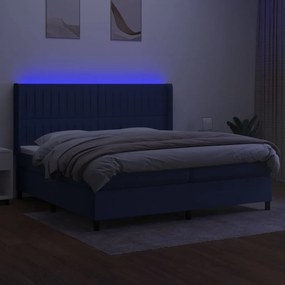 Cama box spring c/ colchão e LED 200x200 cm tecido azul