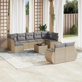 10 pcs conjunto de sofás p/ jardim com almofadões vime PE bege