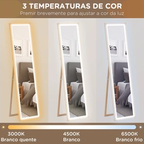 Espelho de Pé com Luz LED 40x160 cm Espelho de Corpo Inteiro com Iluminação de 3 Cores Tátil Função de Memória Madeira