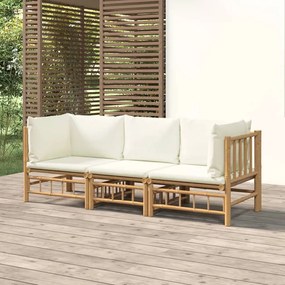 vidaXL 3 pcs conjunto lounge de jardim bambu c/ almofadões branco nata