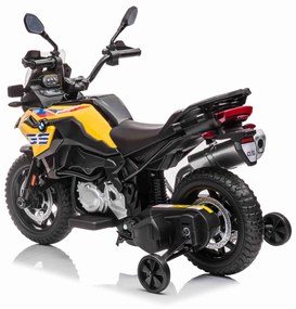 Moto eléctrica para crianças BMW F850 GS, 12V,Rodas Soft EVA, 2 motores x 35W, luzes LED, rodas auxiliares, MP3 player com entrada USB/Aux, Amarelo