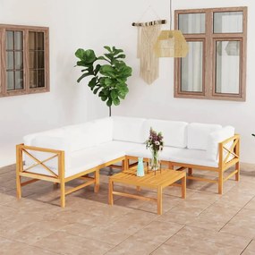 vidaXL 6 pcs conj. lounge de jardim + almofadões cor creme teca maciça