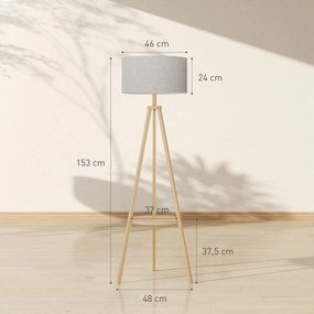 Candeeiro de Pé com Tripé com Estrutura em Madeira e Ecrã Similar ao Linho com Prateleira 48x48x153 cm Madeira e Cinzento