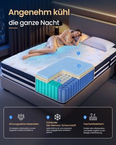 Colchão de molas ensacadas 140 x 200 x 25 cm de 7 zonas com espuma viscoelástica de gel, firmeza média H3, azul