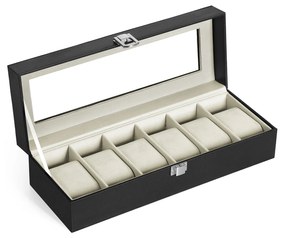Caixa de relógio SONGMICS com 6 compartimentos, estojo com tampa de vidro, almofadas de veludo para relógio, suporte para relógio com fecho, 11,2 x 30 x 8 cm, ideia para presente, couro sintético preto, forro cinza esverdeado JWB06BE