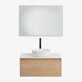 Conjunto De Móvel De Casa De Banho Suspenso 80x50 Cm Em Madeira De Freixo Tedrik Castanho Fresno & Cerâmica Redonda Branca Ø40 Cm - Sklum