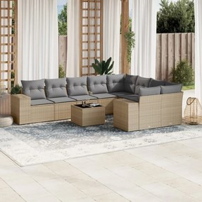 10 pcs conjunto de sofás p/ jardim com almofadões vime PE bege