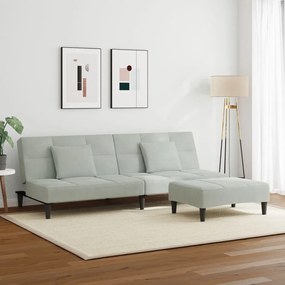 Sofá-cama 2 lugares c/ apoio de pés veludo cinza-claro
