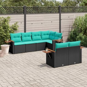7 pcs conjunto de sofás p/ jardim c/ almofadões vime PE preto