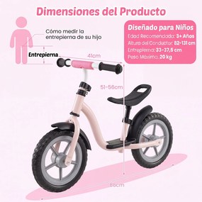 Bicicleta de Equilíbrio sem Pedais para Crianças, 86 x 41 x 51-56 cm, Guiador e Selim Reguláveis, Rosa