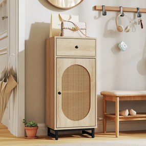 Armario arrumação de rattan PE com gaveta deslizante Porta de rattan PE Suporte metálico com pernas ajustáveis para sala de estar Quarto Hall de entra