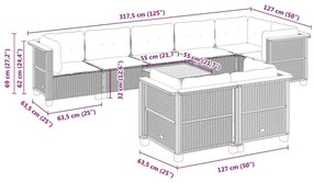 9 pcs conjunto sofás p/ jardim com almofadões vime PE cinzento