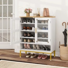 Sapateira com 5 níveis e portas de malha 70 x 35 x 93 cm Organizador moderno para sapatos em madeira com prateleiras ajustáveis e pés brancos