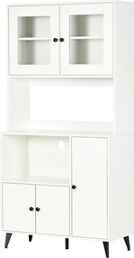 Armário de cozinha com 3 compartimentos 90 x 40 x 180 cm, compartimentos abertos, prateleiras ajustáveis, portas com vidro, passacabo, branco