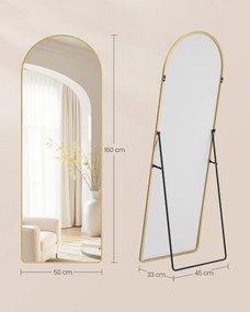 Espelho Pé de corpo inteiro de 160 x 50 cm com moldura arqueada em vidro temperado dourado
