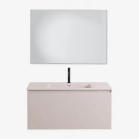 Conjunto De Móvel De Casa De Banho Suspenso Em Madeira Com Lavatório Integrado Macrae Crema Linho & Led Retangular E Anti-embaciamento 100x70 Cm Riben