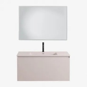 Conjunto De Móvel De Casa De Banho Suspenso Em Madeira Com Lavatório Integrado Macrae Crema Linho & Led Retangular E Anti-embaciamento - Sklum