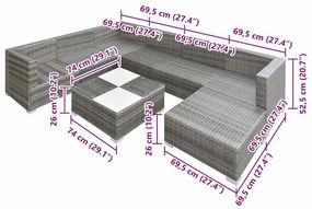 8 pcs conjunto lounge de jardim c/ almofadões vime PE cinzento