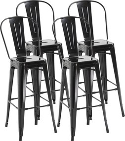 Conjunto de 4 bancos de bar empilháveis, estilo industrial, com encosto e apoio para os pés, altura do assento de 76 cm, em metal preto