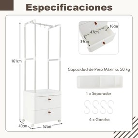 Guarda Roupa com 2 Gavetas Rodas Barra de Pendurar 4 Ganchos para Hall de Entrada Quarto Vestiário Branco