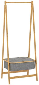 HOMCOM Suporte para Cabides de Bambu com Cesto de Tecido e Dobrável 60x44,5x157,5 cm Madeira Cinzento | Aosom Portugal