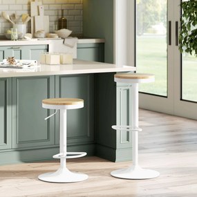 Conjunto de 2 Bancos de Bar Giratórios Bancos Altos de Cozinha com Descanso para Pés 38,5x38,5x60-80 cm Madeira e Branco