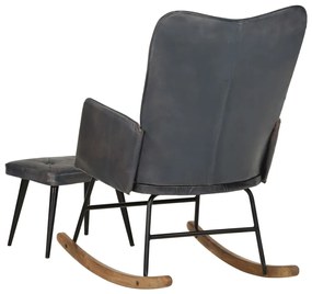 Cadeira de baloiço com apoio de pés couro genuíno cinzento