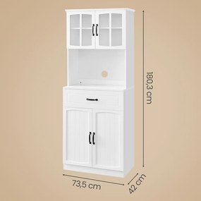 Armário de cozinha com portas de vidro 41,5 x 73 x 179,8 cm, prateleiras ajustáveis Branco