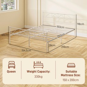 Cama de Casal 150x200 cm com Cabeceira de Ripas de Aço e Espaço de Arrumação Debaixo da Cama Carga 330 kg Branca