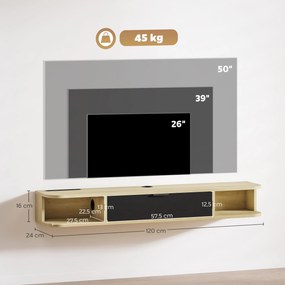 Móvel de TV suspenso 120 x 24 x 16 cm, móvel para televisores até 50 polegadas, com gaveta rebatível e 2 prateleiras, preto e castanho