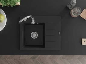 Mexen Ben lava-loiça de granito de 1 cuba com escorredor, esquerdo 600 x 500 mm, preto, sifão cromado - 6522605000-77