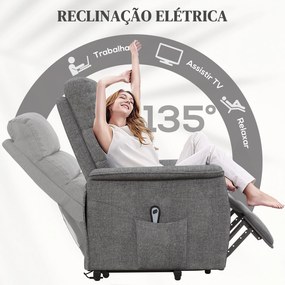 Poltrona Relax Reclinável Elétrica Poltrona Levanta Pessoas com Controlo Remoto e Bolso Lateral 66x90x96 cm Cinza