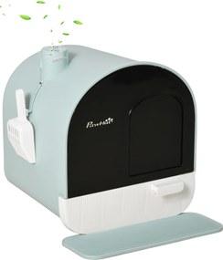 PawHut Caixa de Areia Removível Caixa de Areia para Gatos Fechada com Porta Dianteira Bandeja Pá Tapete 43x44x47cm Verde | Aosom Portugal