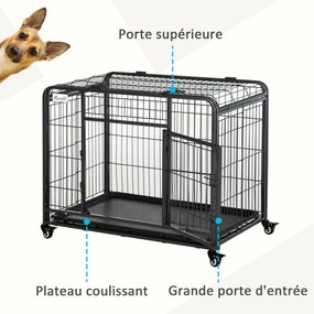 Gaiola dobrável para cães, gaiola de transporte com Rodas, 2 portas com fecho, tabuleiro removível, dim. 94 x 58 x 69,5 cm, metal cinzento-escuro